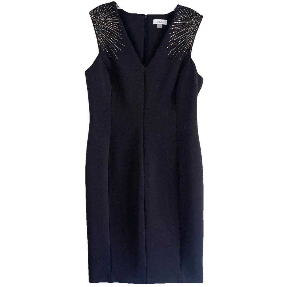 Calvin Klein Black Scuba Sheath Dress Plus Size 14 Embellished V Neck Stretch